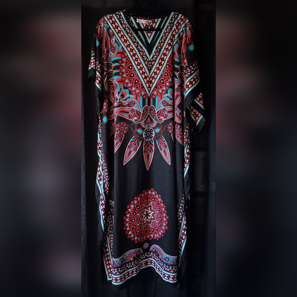 Black Red & Teal Printed Maxi Dress